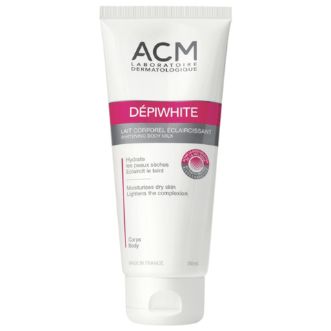 Tube of ACM Depiwhite body milk on a white background