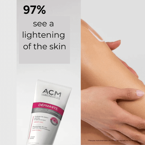 ACM Depiwhite cream with a hand holding skin showing lightening effect