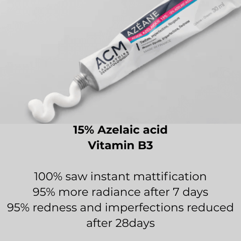 Tube of ACM Azéane cream with text highlighting its ingredients and benefits