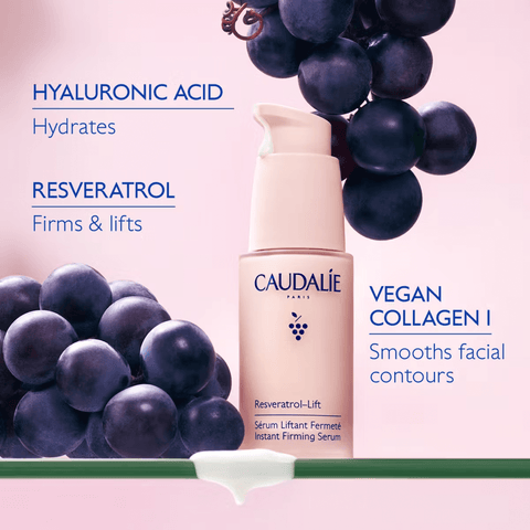 Infographic showing Caudalie resveratrol lift serum ingredients