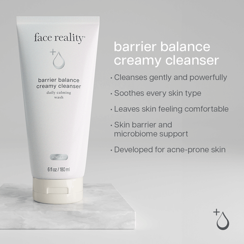 Infographic on how Face reality barrier balance creamy cleanser is best for sensitive acne proneskin