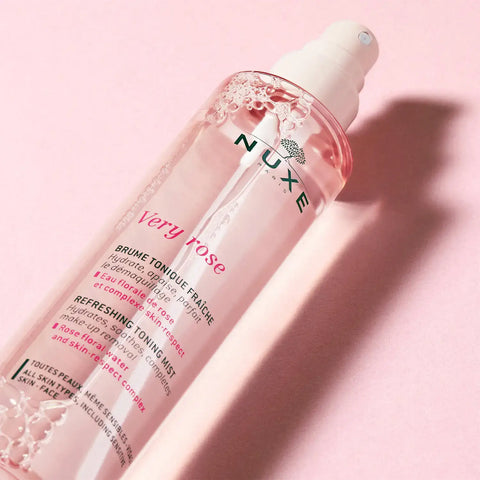 Pink Nuxe Very Rose refreshing toning mist bottle.