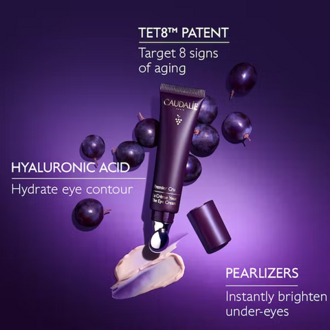 Tube of eye cream with grapes and cream swatch.