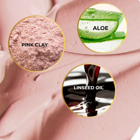 A close-up of pink clay cream with three circular inset callouts: a pile of pink clay powder labeled PINK CLAY, a slice of aloe vera labeled ALOE, and dark linseed oil being poured labeled LINSEED OIL.