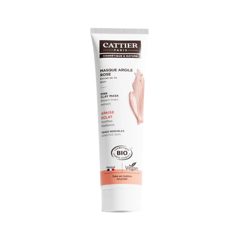 Cattier Paris Masque Argile Rose clay mask in a white squeeze tube with pink and brown accents, on a white background.