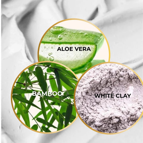 Three circular inset images on a white fabric background showing ingredients labeled ALOE VERA, BAMBOO, and WHITE CLAY.