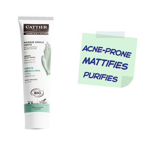 Cattier Paris Green Clay Mask acne-prone tube next to a light green sticky note with blue text reading 'ACNE-PRONE MATTIFIES PURIFIES' on a white background.