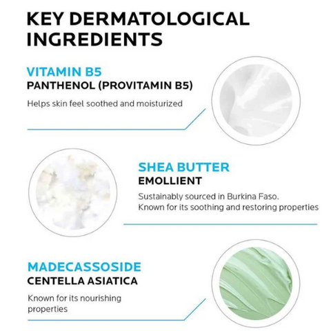 Infographic showing Cicalplast B5 main ingredients panthenol, shea butter and centelia