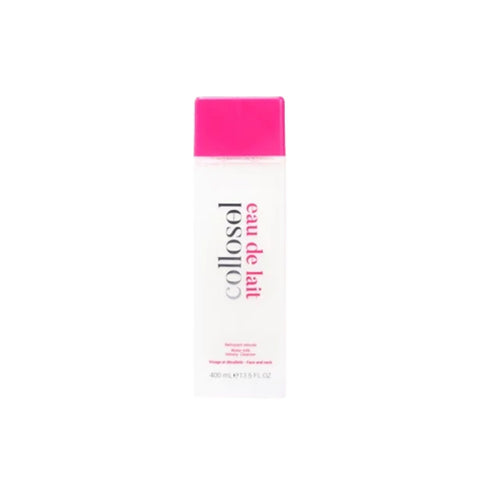 A tall, slender white bottle of collosol eau de lait body wash with a vibrant pink cap, shown against a plain white background.