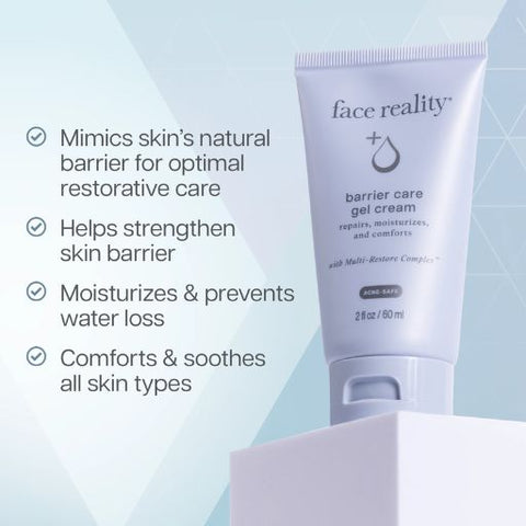 Tube of 'face reality' barrier care gel cream with product benefits listed on a light blue background