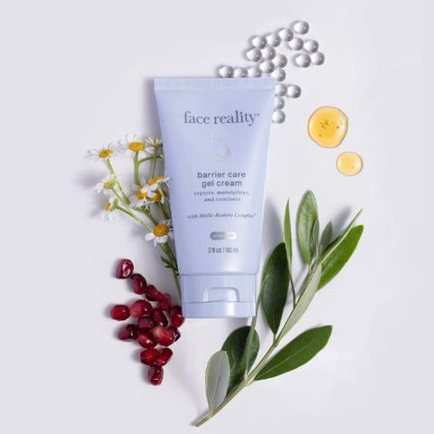 Tube of 'face reality' barrier care gel cream with natural elements on a light background