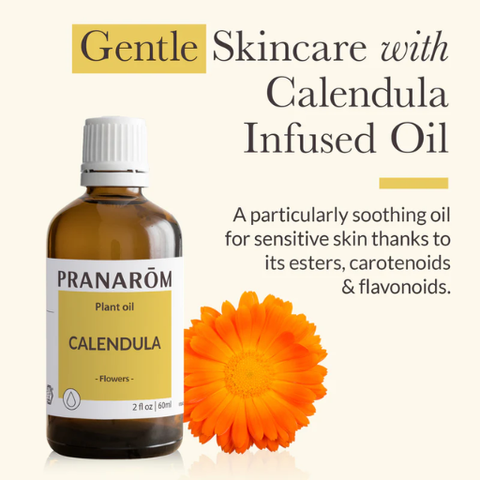 Pranarom Calendula infused oil bottle with a calendula flower for sensitive skin