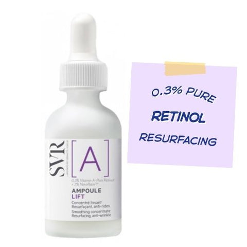 A white bottle of SVR Ampoule Lift retinol with a dropper cap, shown next to a light purple sticky note that reads '0.3% PURE RETINOL RESURFACING'.