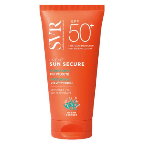 A squeeze tube of SYR SPF 50+ Creme Sun Secure sunscreen in a vibrant orange color, featuring white and teal text on a clean white background.