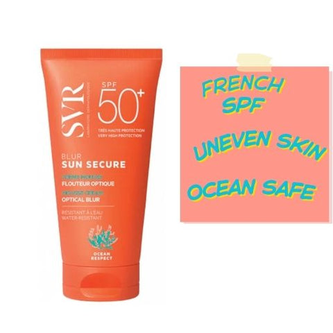 An orange tube of SVR Sun Secure SPF 50+ sunscreen stands next to a pink sticky note with handwritten text reading 'FRENCH SPF', 'UNEVEN SKIN', and 'OCEAN SAFE' on a white background.