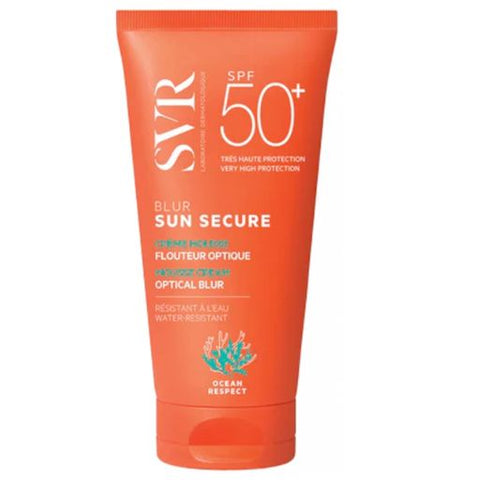 An orange tube of SVR Blur Sun Secure Optical Blur SPF 50+ sunscreen, shown against a plain white background.