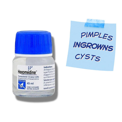 A small clear plastic bottle of Hexomedine with a blue cap and white label, shown next to a light blue sticky note that reads 'PIMPLES INGROWNS CYSTS' on a white background.